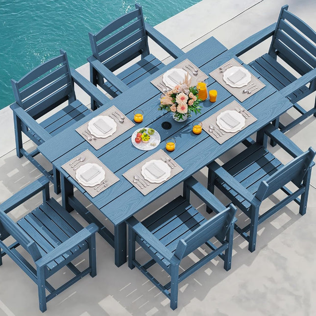 7-Piece Patio Dining Table Sets, Outdoor HDPE Dining Furniture Set with Umbrella Hole Cut-Out Table and 6 Chairs, Blue-0