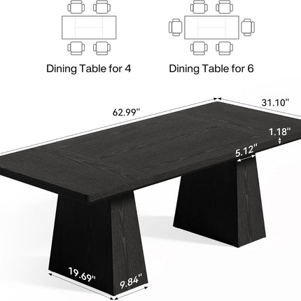 Dining table with dimensions for seating capacities of 4 and 6 people on a white background.