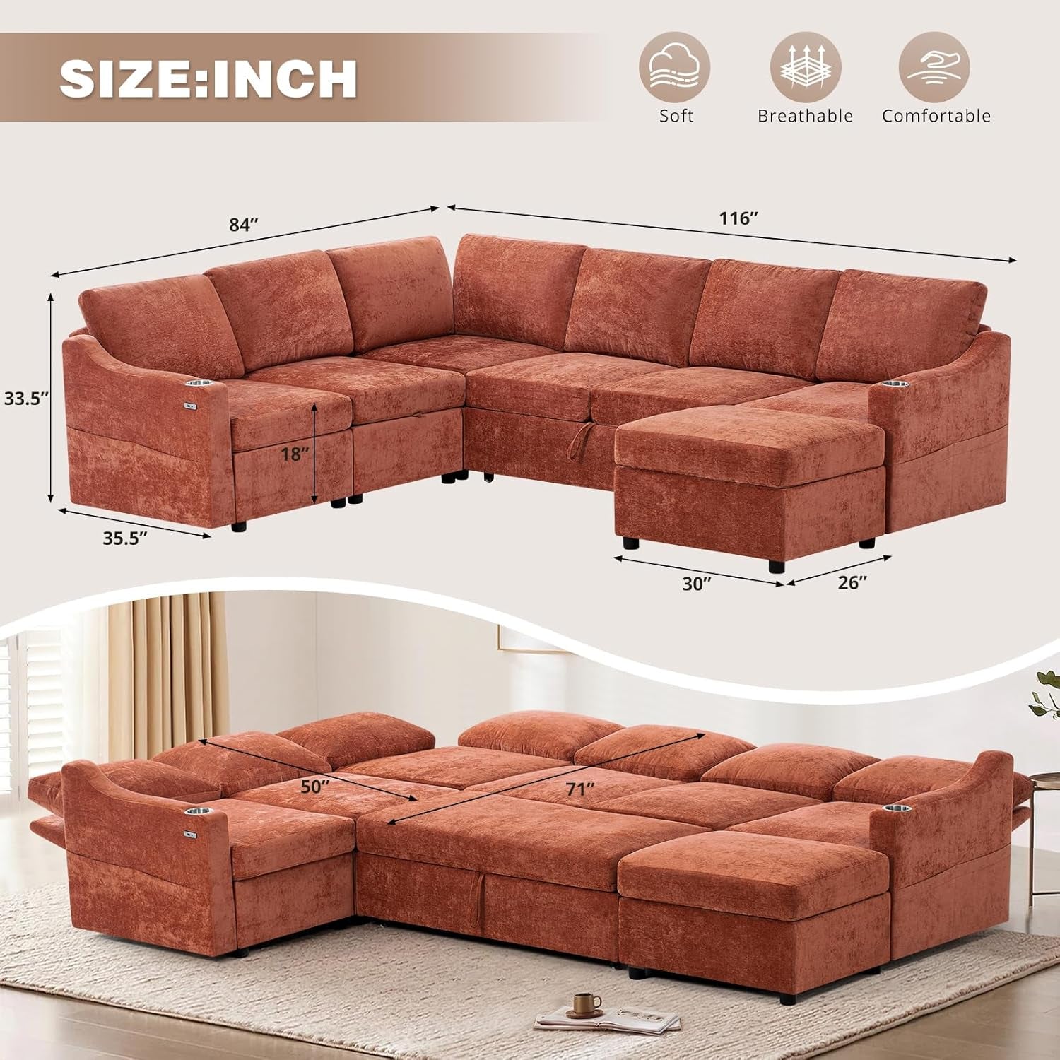 Brown sectional sofa with dimensions and comfort features on a beige background