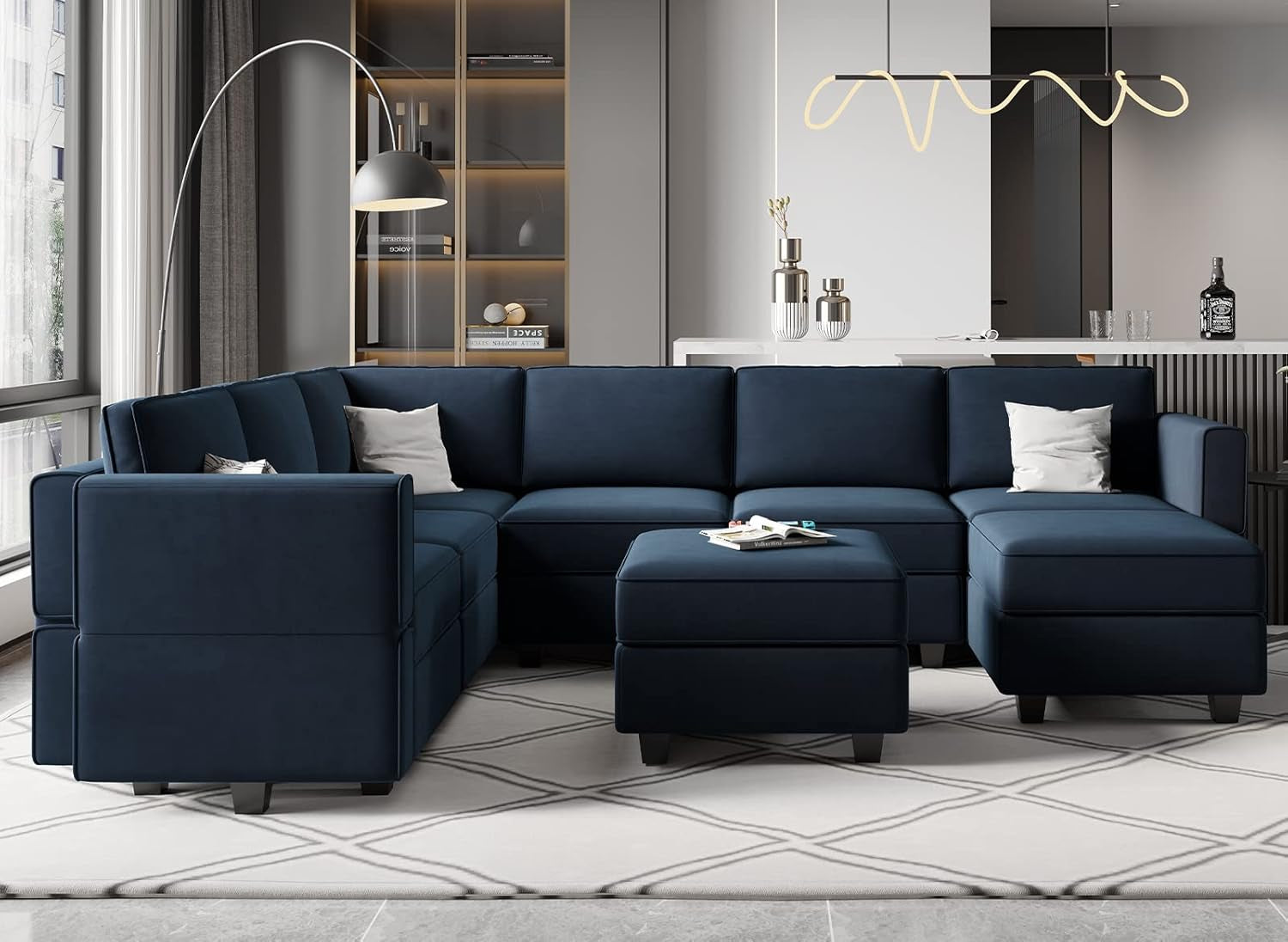 Modular Velvet Sectional Sofa Blue With Storage Ottoman-2