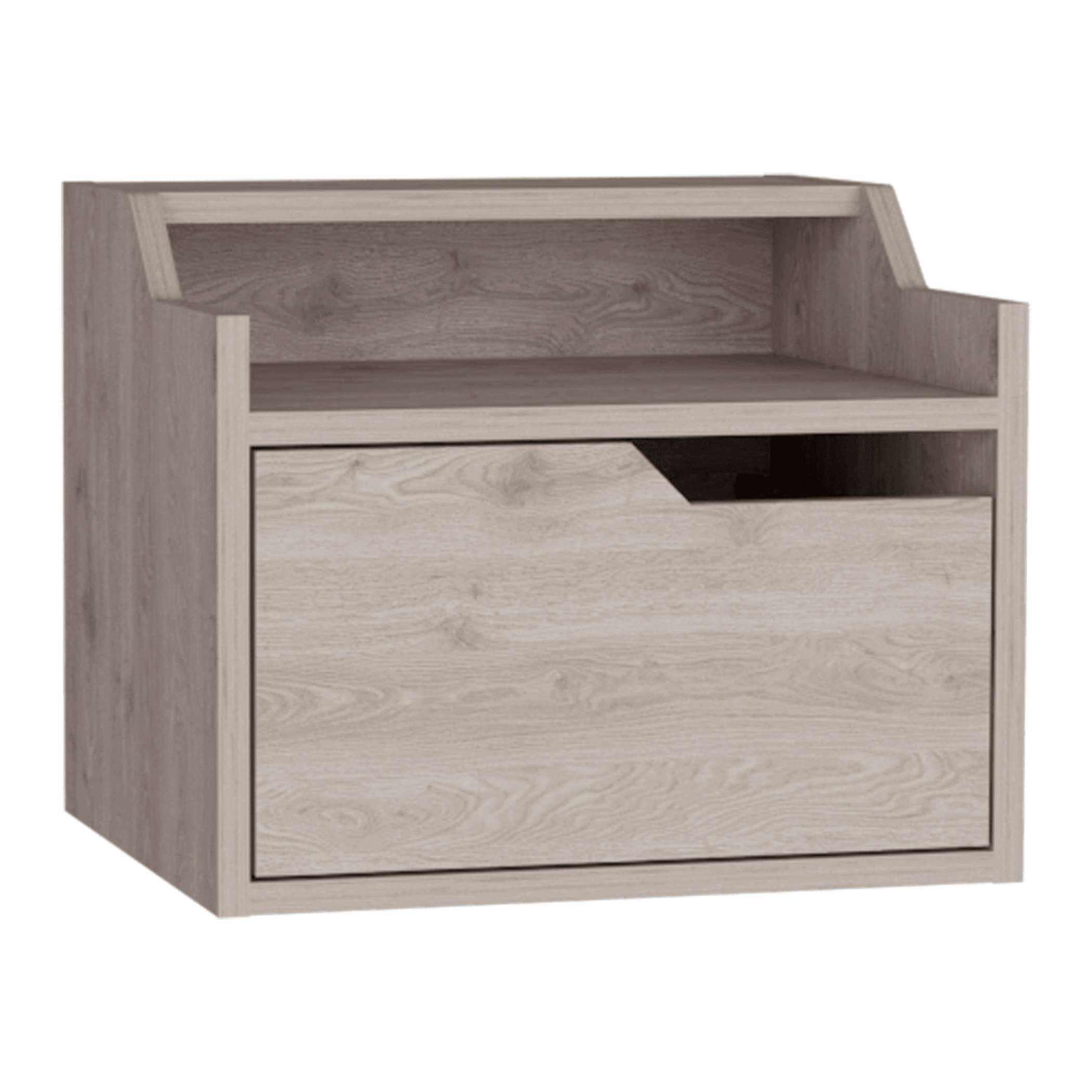 Wooden bench with storage drawer on a white background