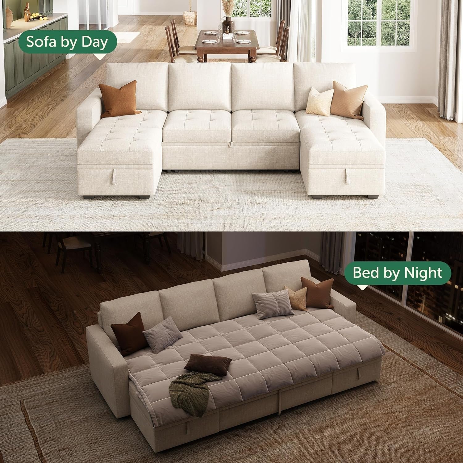 Sectional sofa shown in two settings: 'Sofa by Day' and 'Bed by Night'.