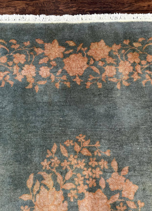 Teal Chinese Wool Rug 6x8, Vintage Handmade Carpet, Floral, Semi Open Field-2