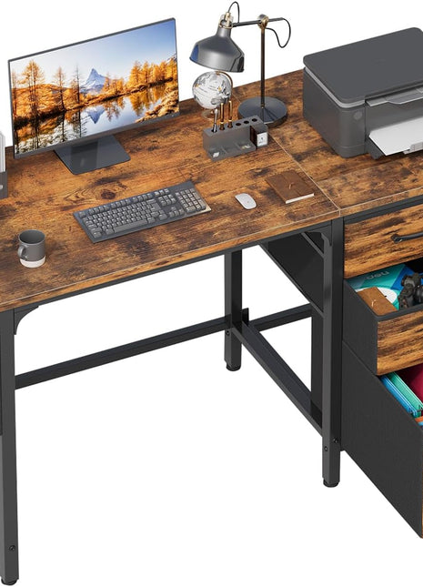 Computer Desk with Fabric File Drawers Cabinet, 47 Inch Home Office Desks with Filing Cabinet for Small Space, Study Writing Table PC Desks, Rustic Brown-0