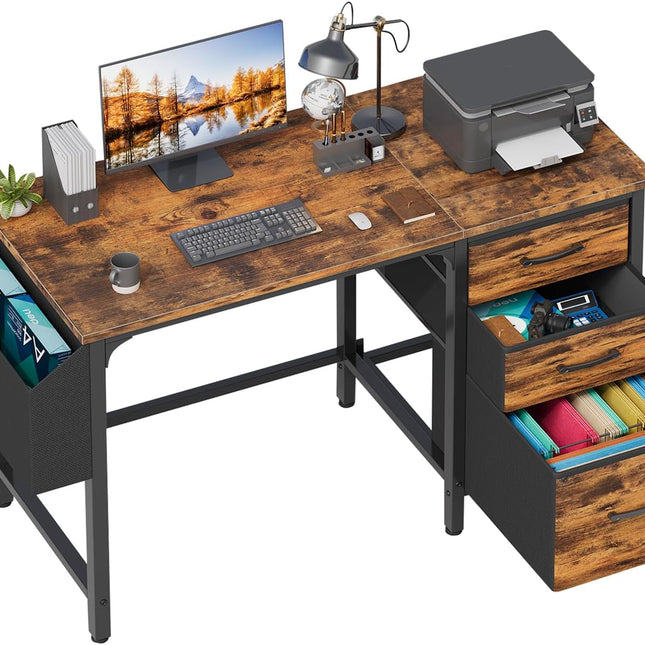 Computer Desk with Fabric File Drawers Cabinet, 47 Inch Home Office Desks with Filing Cabinet for Small Space, Study Writing Table PC Desks, Rustic Brown-0