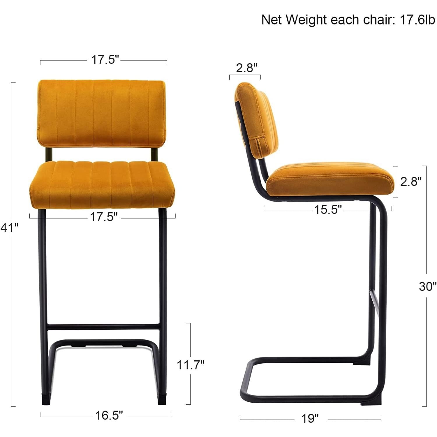 Orange bar stools with black metal legs and dimensions on a white background