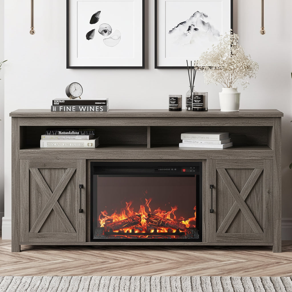 Black electric fireplace console with decorative items on a wooden floor.