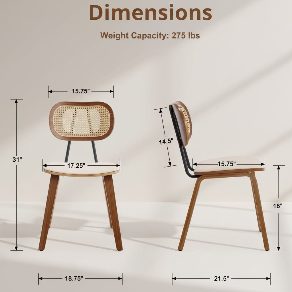 Dimensions of a wooden chair with wicker backrest on a white background