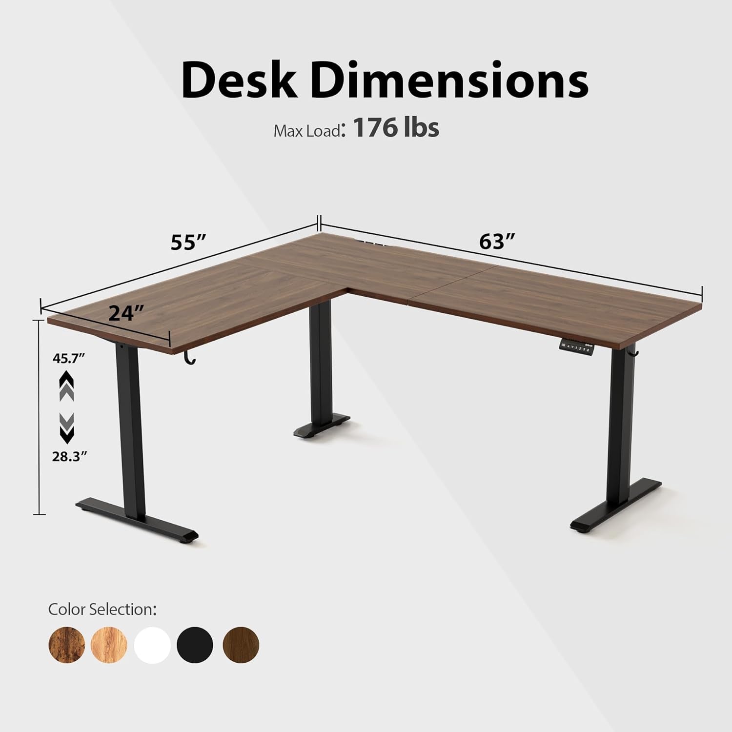 L-shaped desk with dimensions and color options on a white background