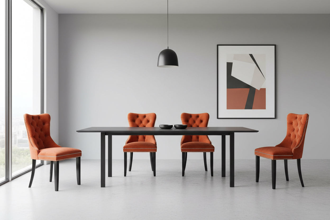 Two orange tufted chairs with black legs on a white background