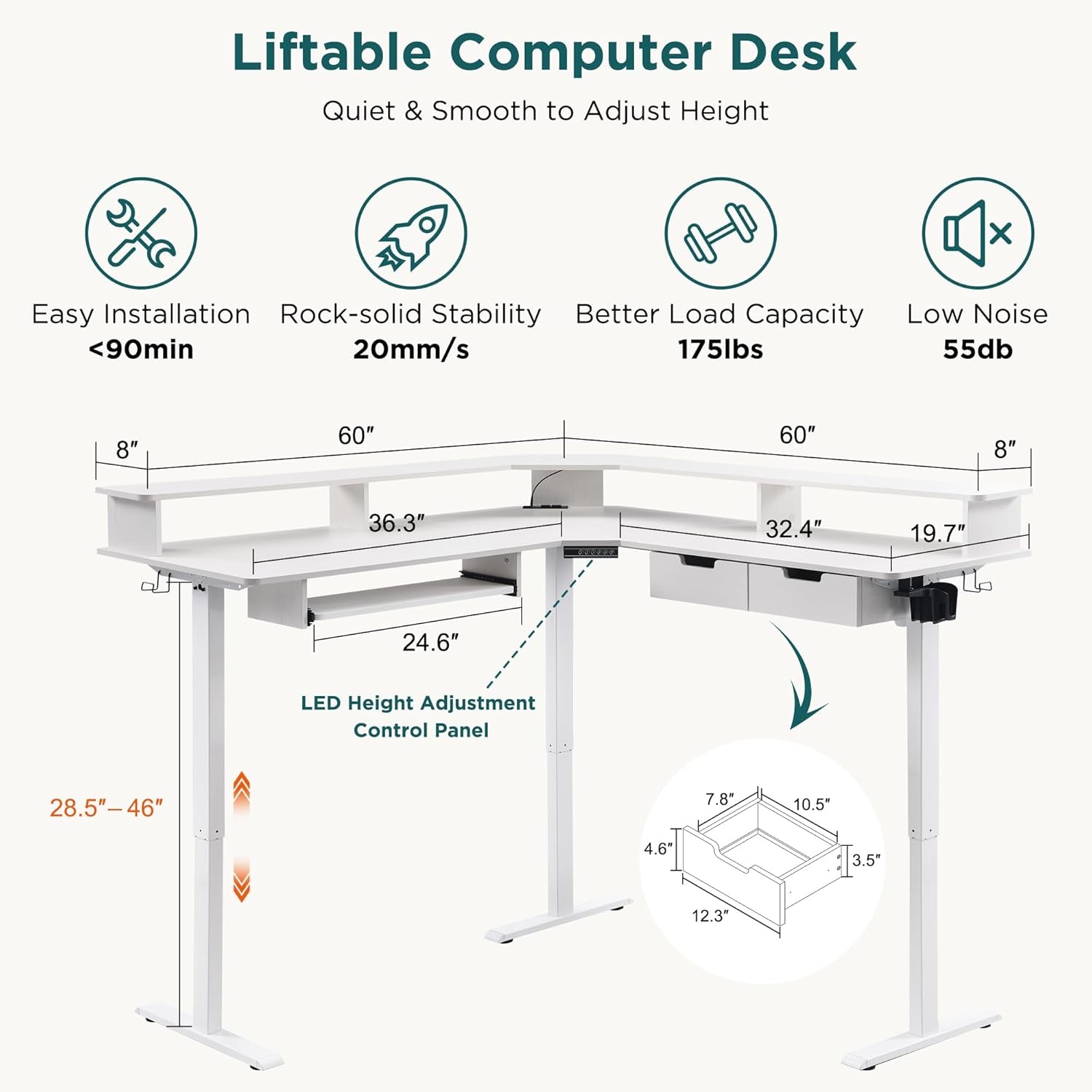 Liftable computer desk with features and specifications on a white background