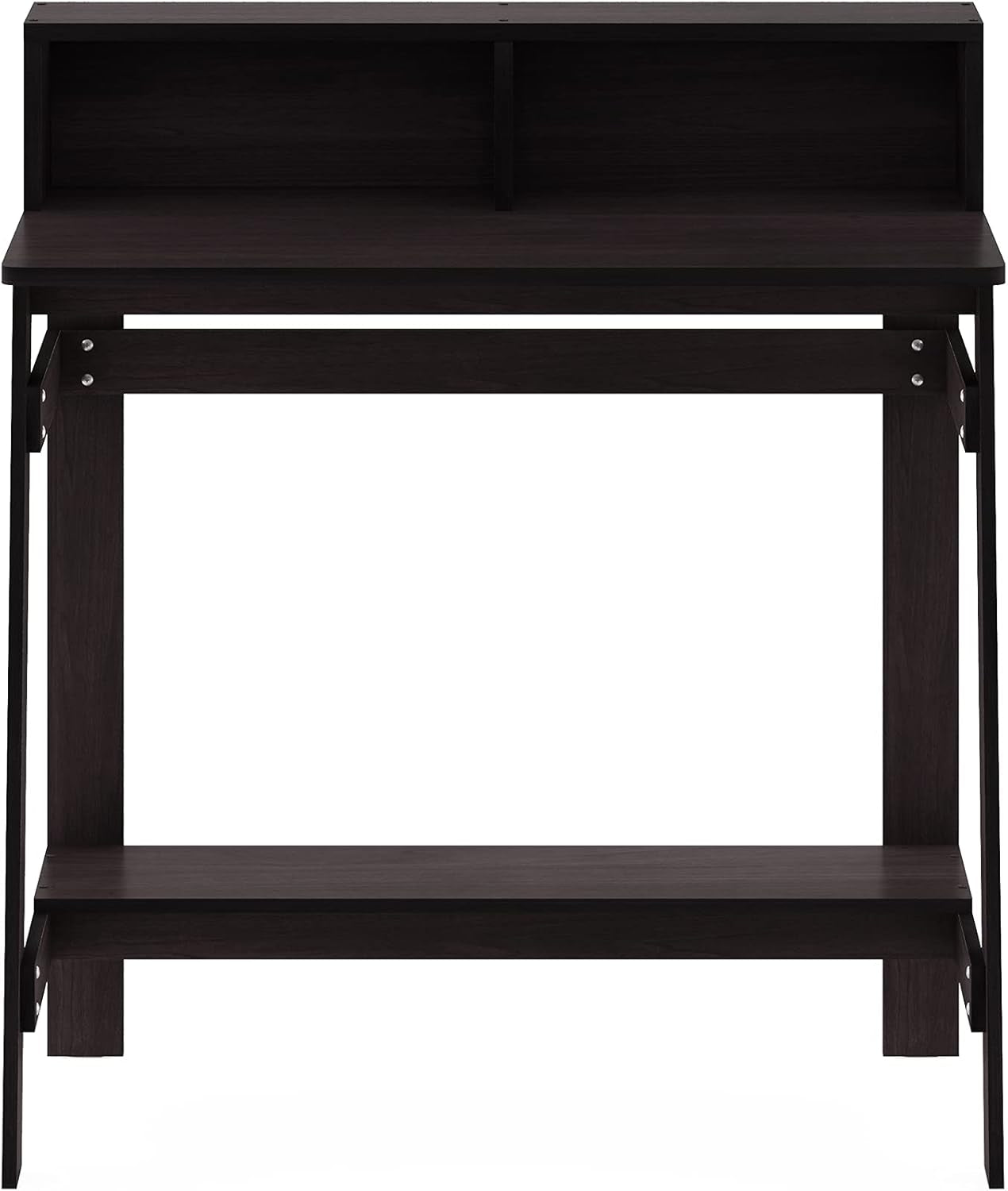 Dark wood desk with a shelf on a white background