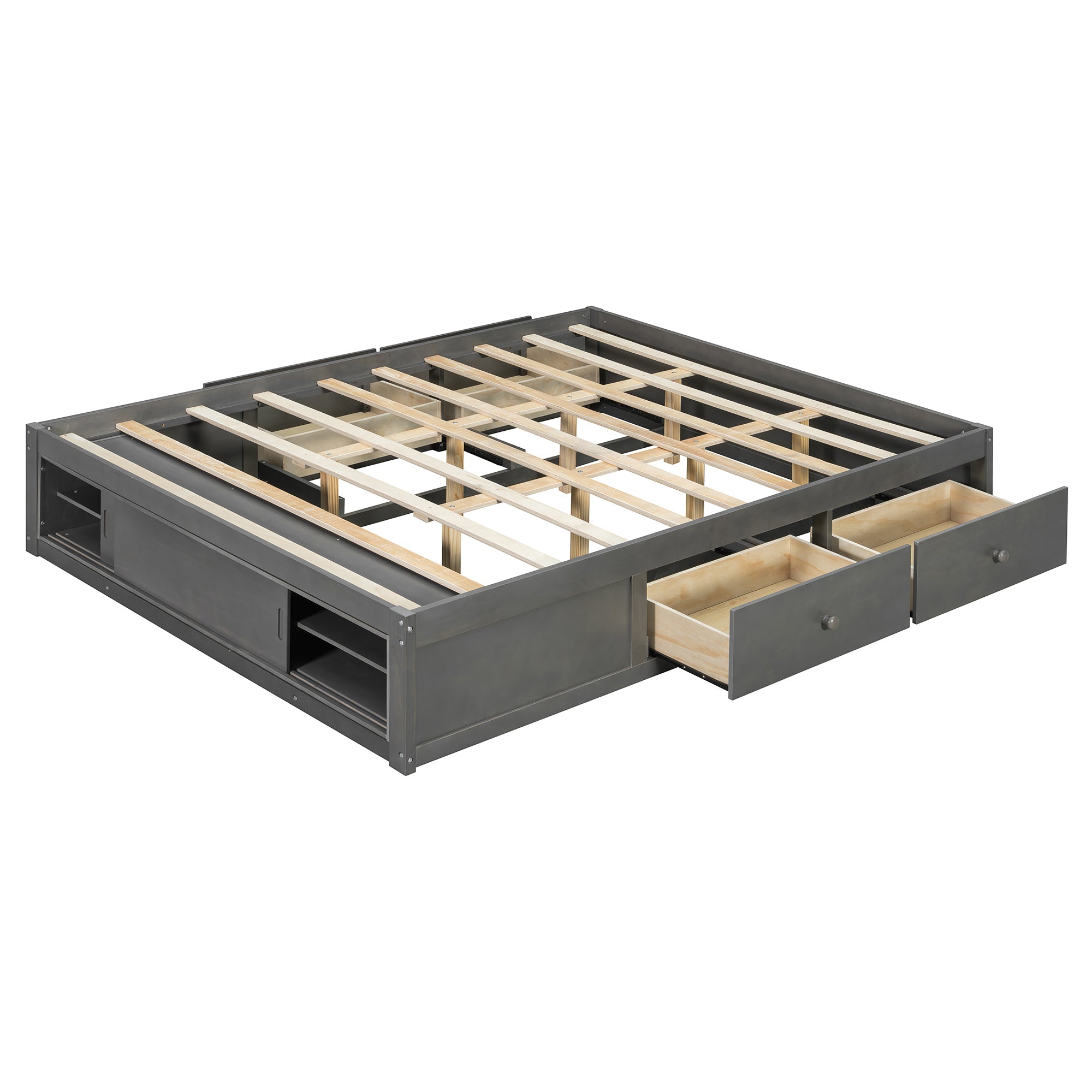 Platform Bed Frame with 4 Storage Drawers and Footboard Storage Cubby,