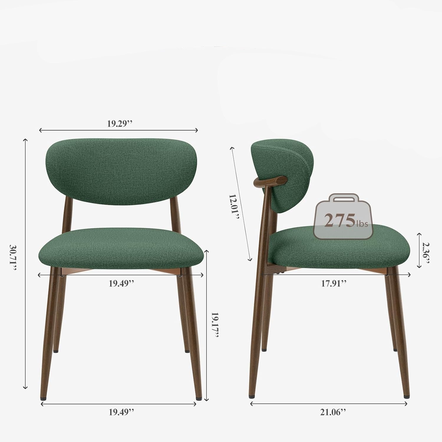 Green chair with dimensions labeled on a white background
