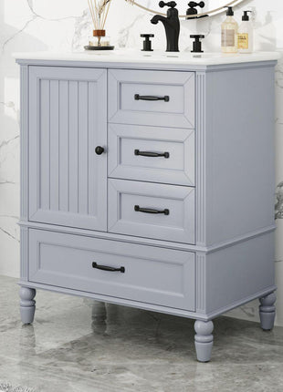 30' Bathroom Vanity with Sink, Bathroom Cabinet with A Door, Three Drawers, Solid Wood Legs & MDF Board, Adiustable Foot Pads, Grey (Other Color: N725P195409K)-0