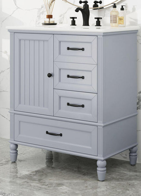 30' Bathroom Vanity with Sink, Bathroom Cabinet with A Door, Three Drawers, Solid Wood Legs & MDF Board, Adiustable Foot Pads, Grey (Other Color: N725P195409K)-0