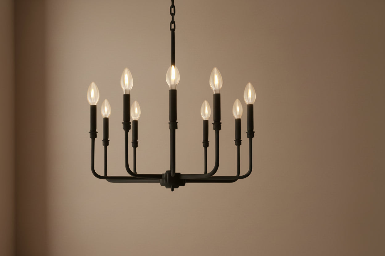 Black chandelier hanging in a room with a beige wall and wooden side table.