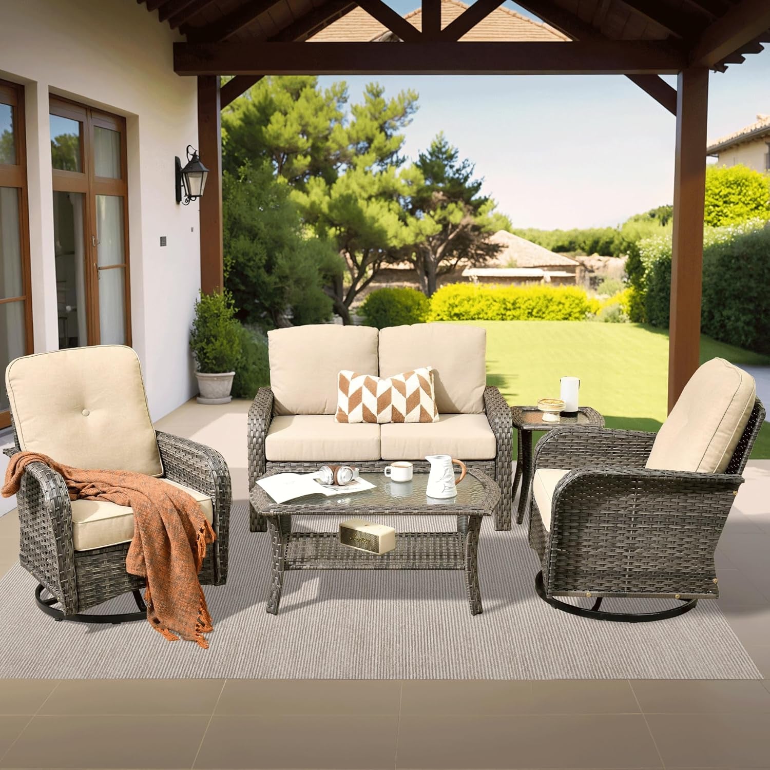 Five Piece Outdoor Wicker Sofa Set with Cushions-0