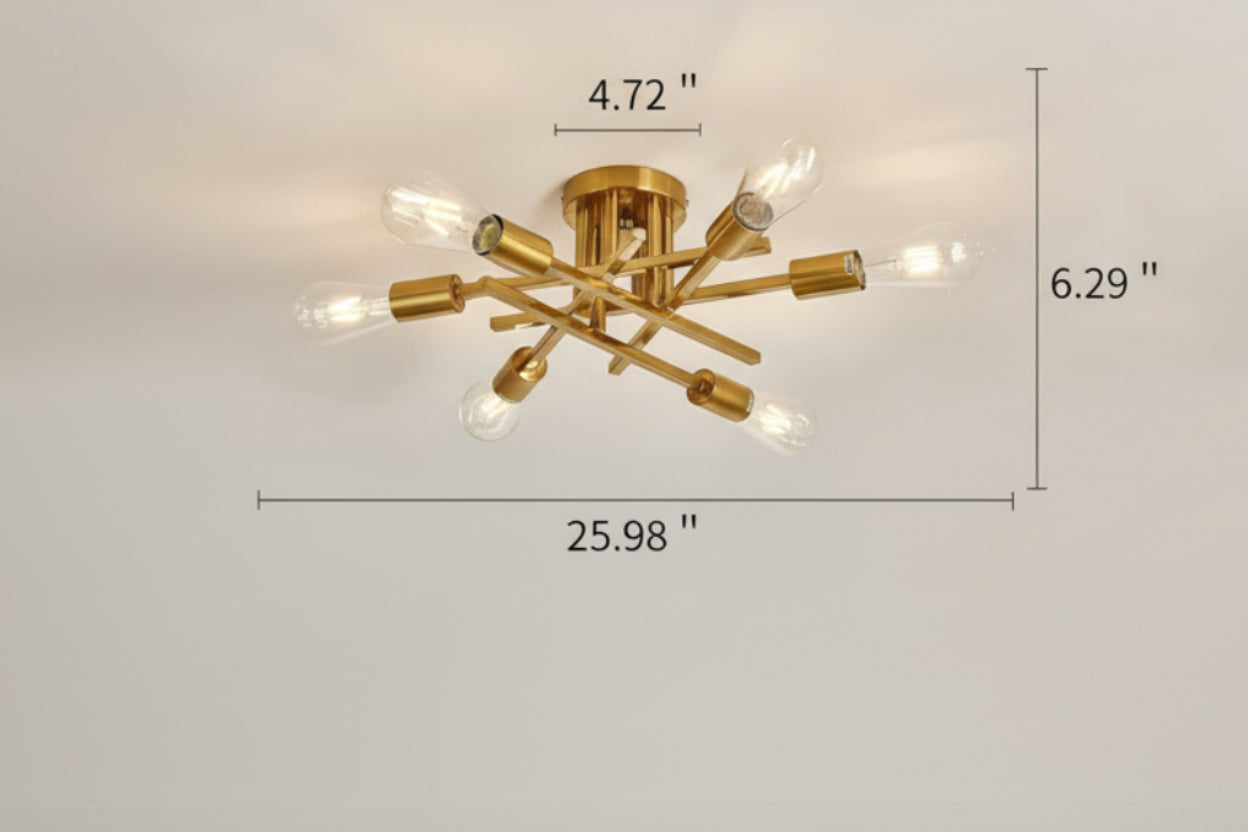 Gold ceiling light fixture with dimensions and bulb compatibility information on a gray background