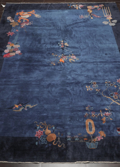 10x14 Royal Blue, Navy Hand Knotted Oriental 100% Wool Art Deco Peking Oriental Area Rug