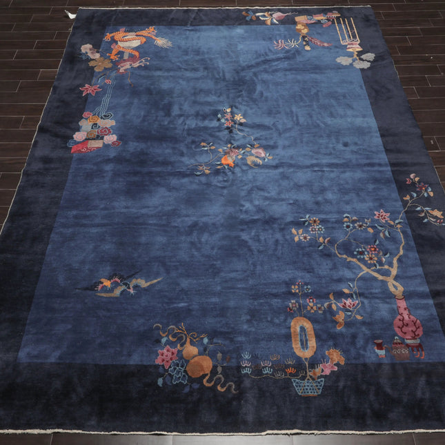10x14 Royal Blue, Navy Hand Knotted Oriental 100% Wool Art Deco Peking Oriental Area Rug