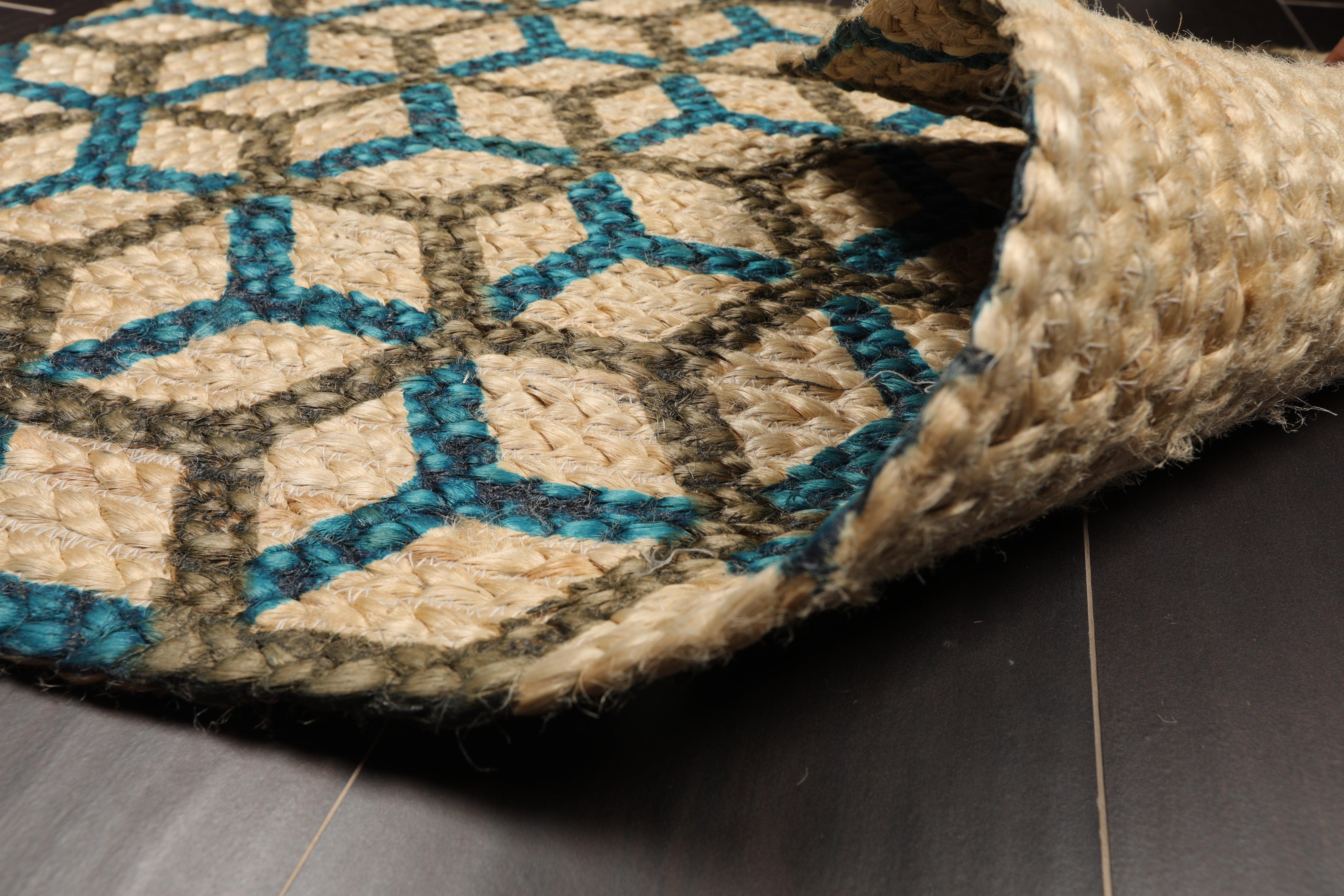 Textured rug with geometric pattern on a dark floor