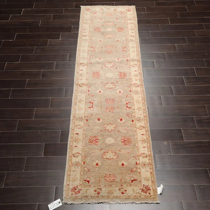 2'8''x9'9'' Runner Taupe, Beige Hand Knotted 100% Wool Chobi Peshawar Traditional Oriental Area Rug-2
