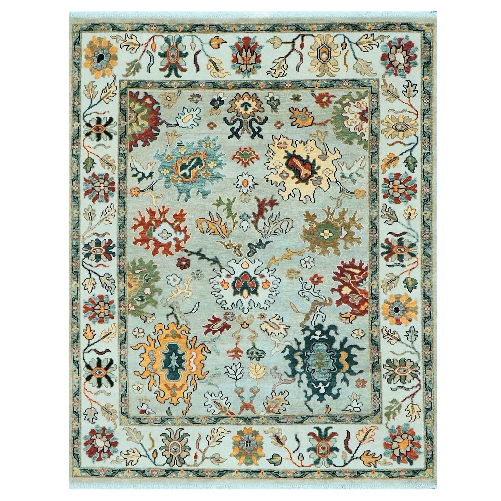 Decorative rug with floral patterns on a light blue background