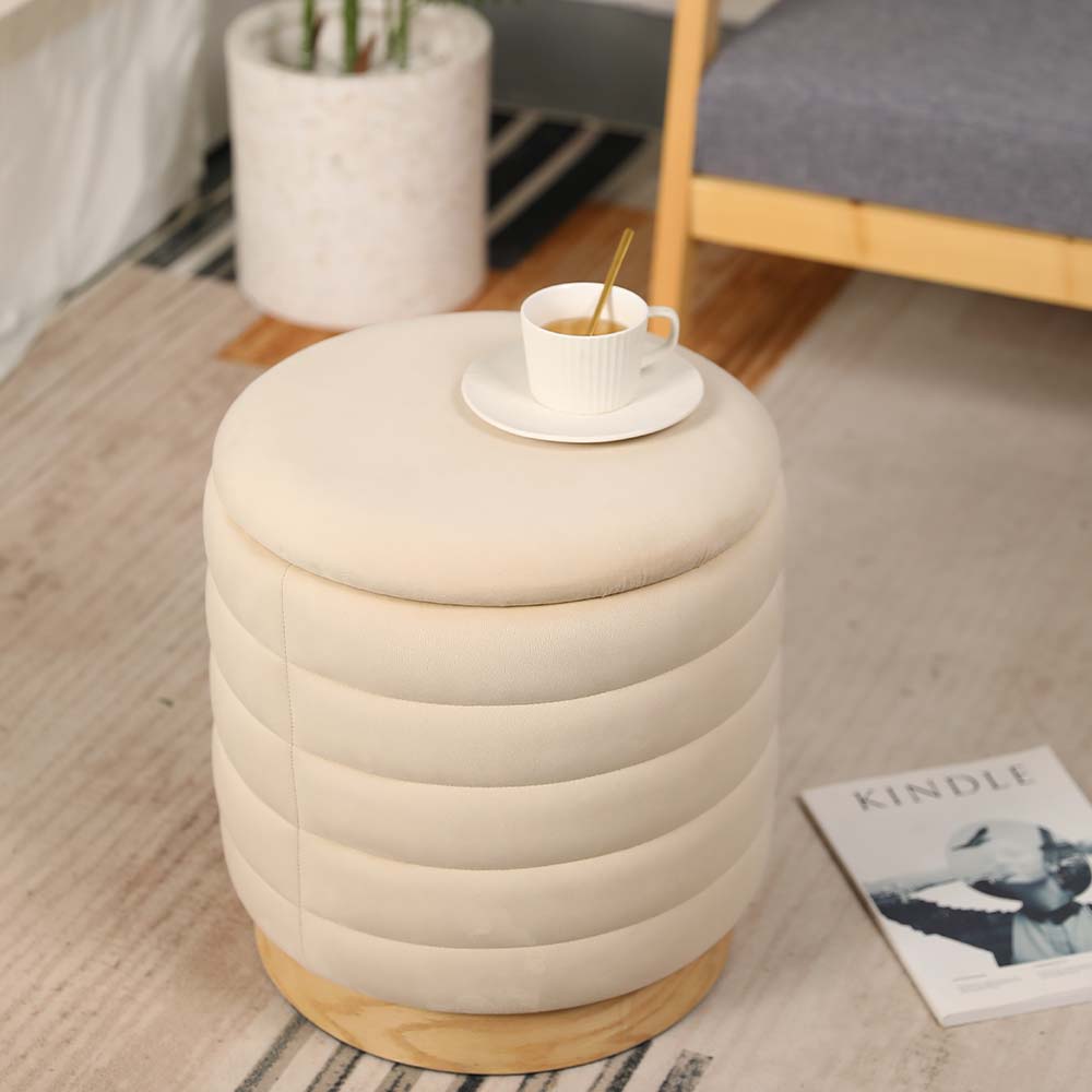 Hardy Haus 16.5-Inch Round Velvet Storage Ottoman – Cream Design