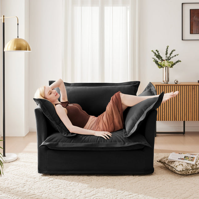 Slip-covered Armchair with 1 Big Back Cushion and 2 Big Toss Pillows, Single Deep Seat Comfy Single Couch Sofa Multiple Large Soft Pillows, Chenille Fabric, Black-0