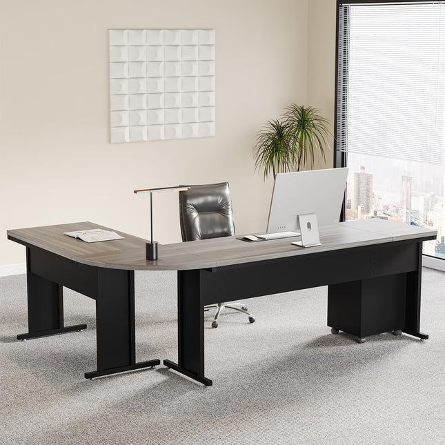83 Inch L-Shaped Office Desk, Large Executive Computer Desk with 3-Drawer File Cabinet, Industrial Corner Desk with Storage Drawers, Business Furniture Work Desk for Home Office (Gray)-2