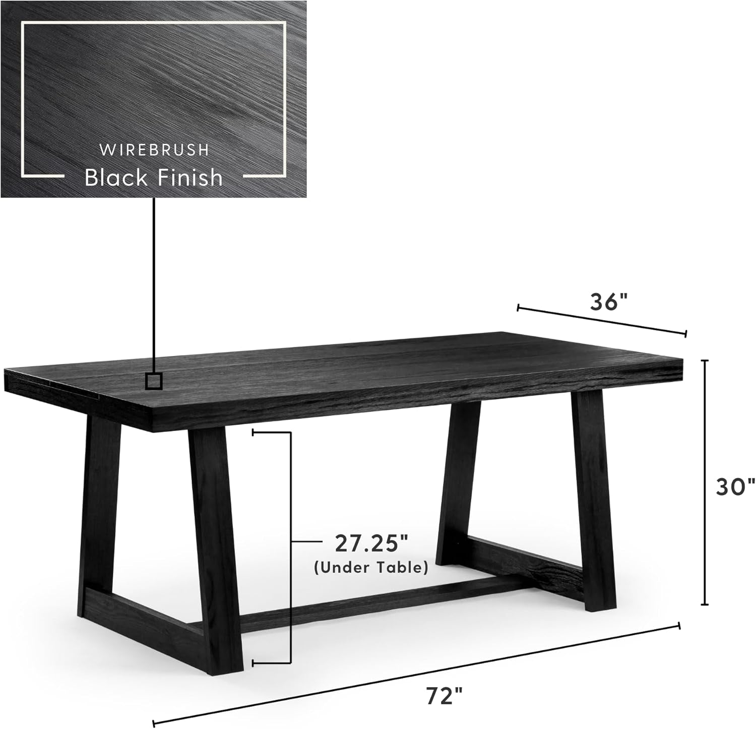 Black dining table with wirebrush finish and dimensions on a white background