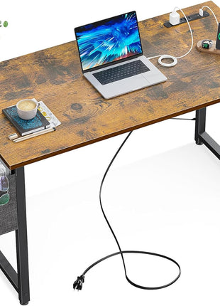 Small Desk with Power Outlets and USB Port Computer Desk for Home Office Gaming Simple Modern Style Writing Desks with Storage Bag Headphone Hook, 40 Inch, Rustic Brown-0