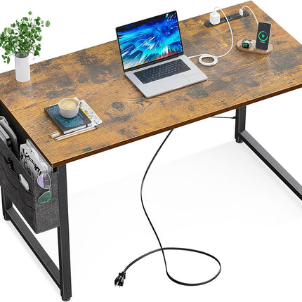 Small Desk with Power Outlets and USB Port Computer Desk for Home Office Gaming Simple Modern Style Writing Desks with Storage Bag Headphone Hook, 40 Inch, Rustic Brown-0