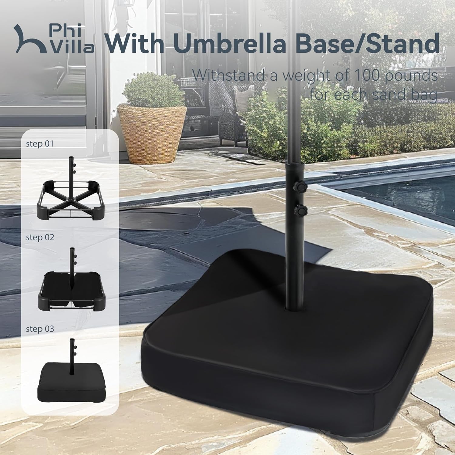 Black umbrella base/stand with steps for assembly on a patio background