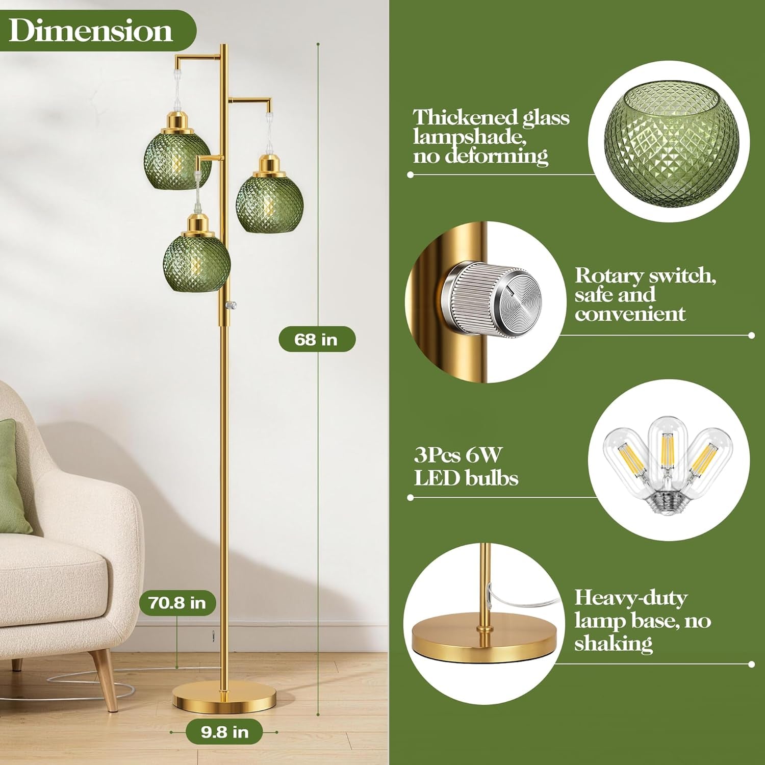 Hardy Haus EmeraldGreen CrystalClear Glass Floor Lamp 68InchTall
