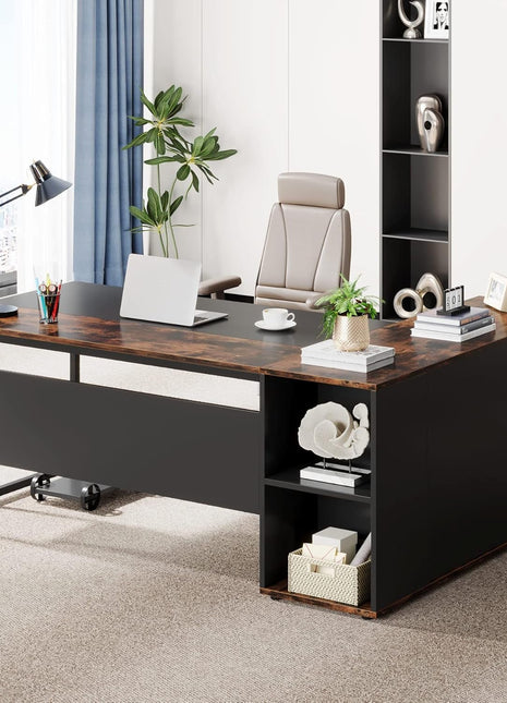 71 Inch Executive Desk, L Shaped Desk with Cabinet Storage, Executive Office Desk with Shelves, Business Furniture Desk Workstation for Home Office, Brown and Black-0