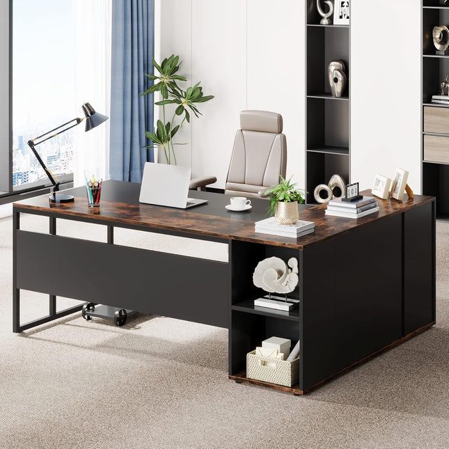 71 Inch Executive Desk, L Shaped Desk with Cabinet Storage, Executive Office Desk with Shelves, Business Furniture Desk Workstation for Home Office, Brown and Black-0