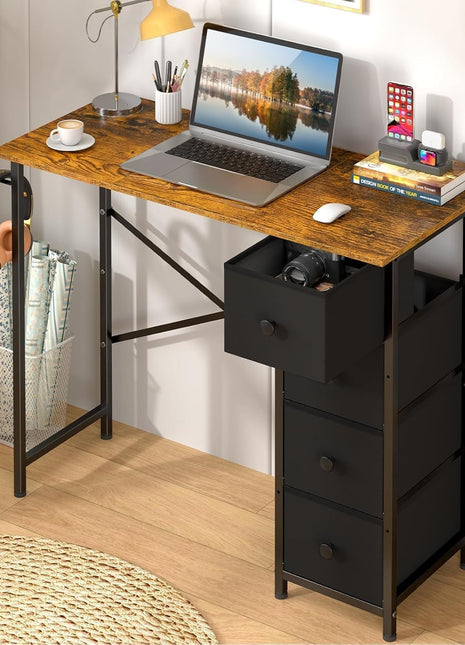 Computer Desk with 4 Fabric Drawers, 35.4 Inch Small Home Office Writing Desk, Simple Table PC Desk for Small Places, Kids Girls Teen Study Writing Desk for Bedroom Dorm Rustic Brown-0