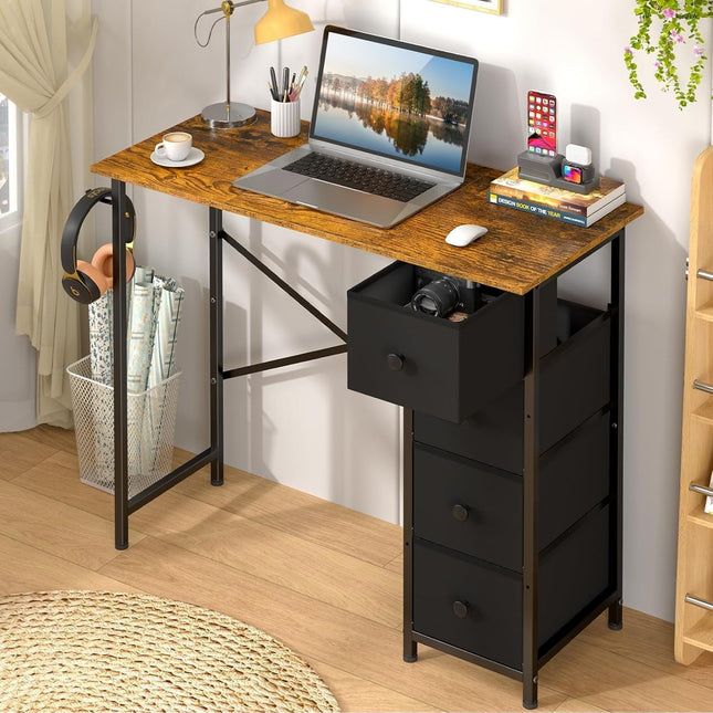 Computer Desk with 4 Fabric Drawers, 35.4 Inch Small Home Office Writing Desk, Simple Table PC Desk for Small Places, Kids Girls Teen Study Writing Desk for Bedroom Dorm Rustic Brown-0