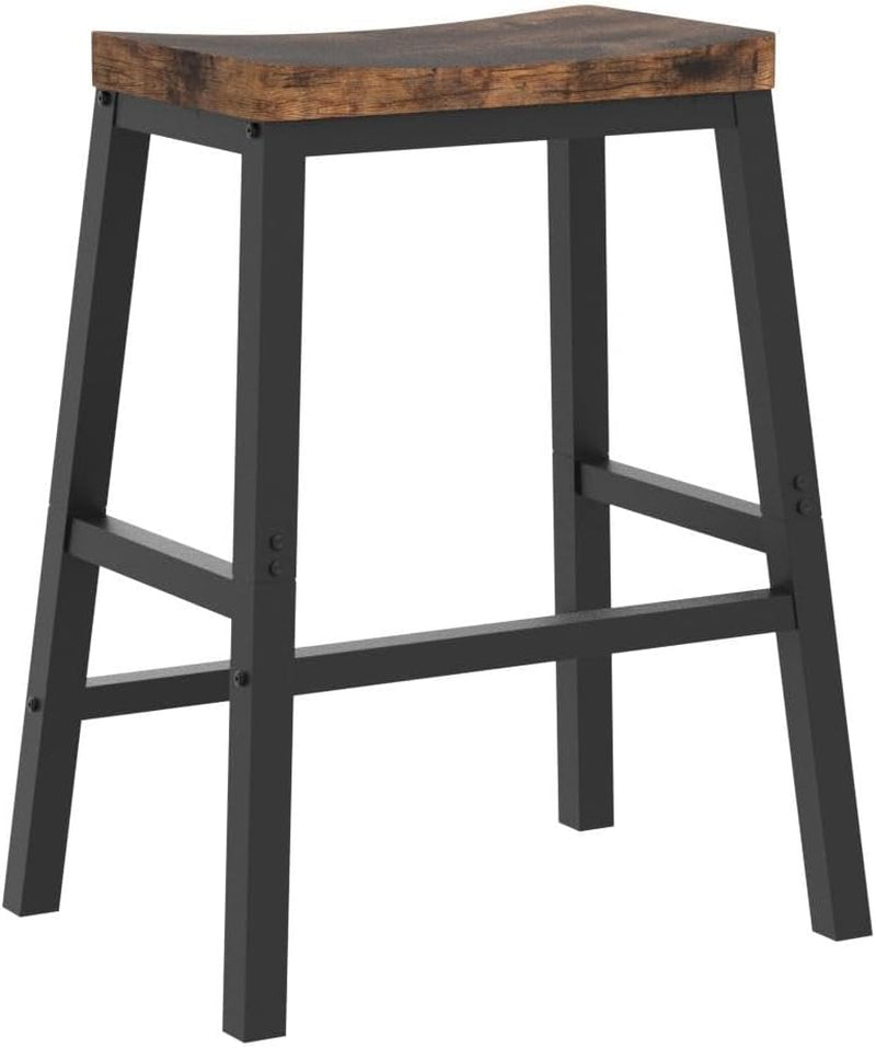 Bar stool with wooden seat and black metal legs on a white background