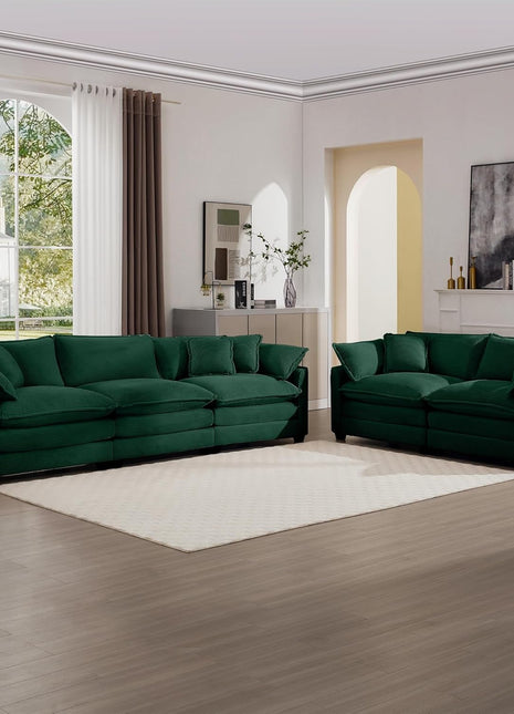 Oversized 2 Piece Sofa Set for Living Room, 3-Seater & Loveseat Couch, Modular Sectional Deep Seat Corduroy Comfy Cloud Couches with 4 Armrest Pillows and 5 Toss Pillows, Green-2