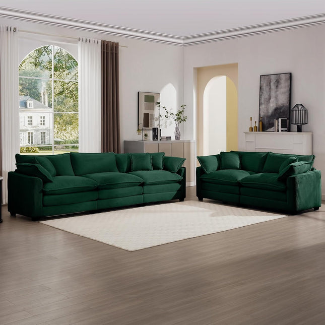 Oversized 2 Piece Sofa Set for Living Room, 3-Seater & Loveseat Couch, Modular Sectional Deep Seat Corduroy Comfy Cloud Couches with 4 Armrest Pillows and 5 Toss Pillows, Green-2