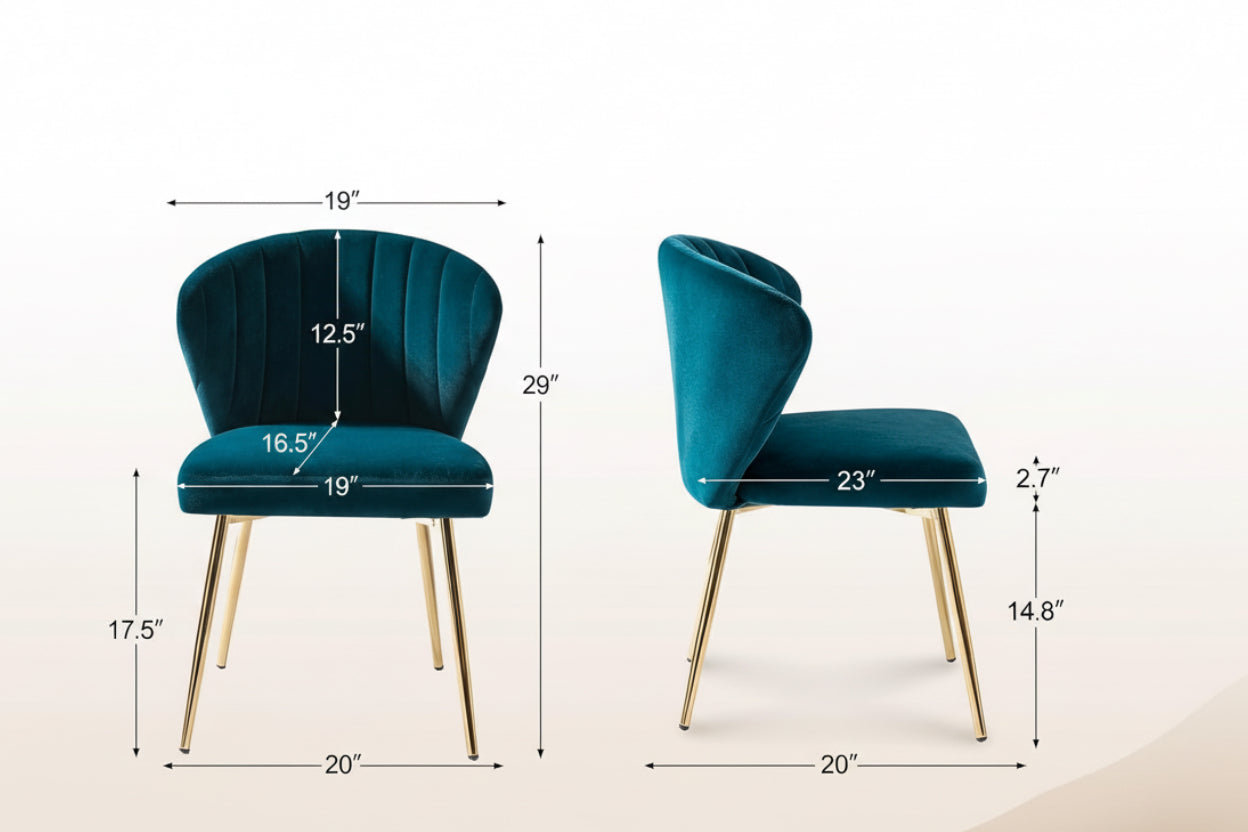 Teal chairs with gold legs and dimensions on a white background