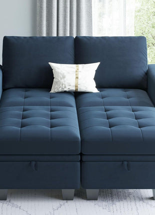 Velvet Modular Sectional Sofa Couch with Storage Convertible Sectional Sleeper Sofa Couch Bed Set with Reversible Chaise Blue-0