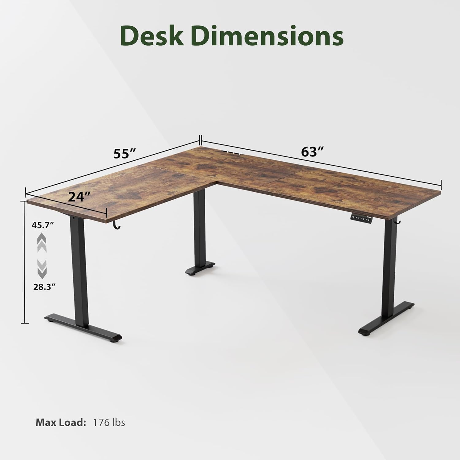 L-shaped desk with dimensions labeled on a white background