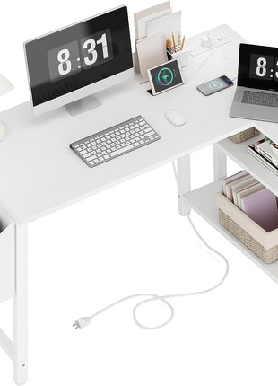 White L Shaped Computer Desk with Power Outlet Shelves, 40 Inch Small Corner Desk for Small Space Home Office, L-Shaped Desk PC Desks, White-0