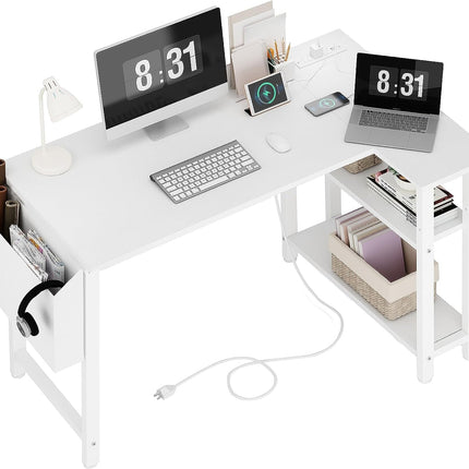 White L Shaped Computer Desk with Power Outlet Shelves, 40 Inch Small Corner Desk for Small Space Home Office, L-Shaped Desk PC Desks, White-0