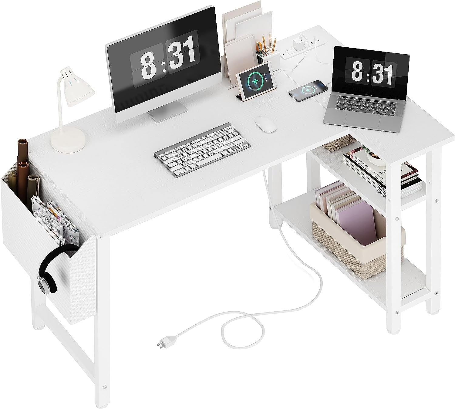 White L Shaped Computer Desk with Power Outlet Shelves, 40 Inch Small Corner Desk for Small Space Home Office, L-Shaped Desk PC Desks, White-0
