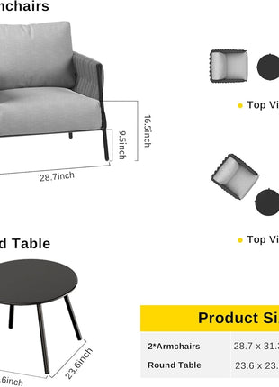 3 Pieces Patio Furniture Set, Armchairs with Coffee Table, Outdoor Furniture Set with Cushion, Modern Outdoor Furniture Deep Seating for Outdoor Garden Porch, Earth Black & Misty Grey-1